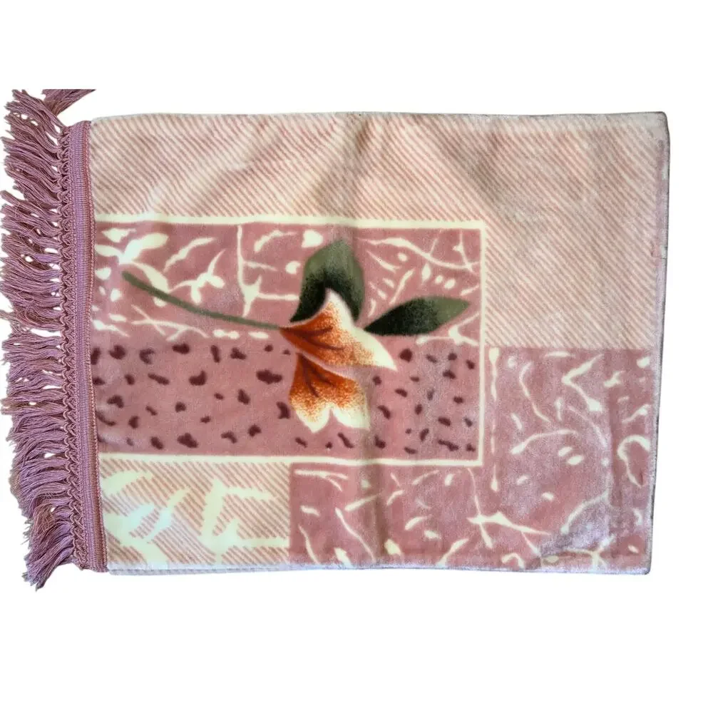 2 Vintage Korean minky blanket pillow shams fringe pink roses